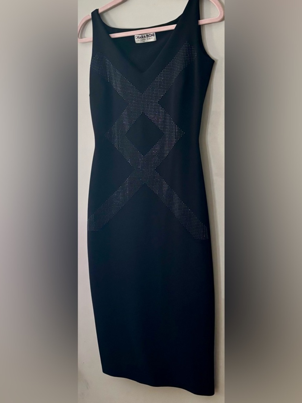 Chiara Boni Black Sleeveless Cocktail Dress With Rhinestone Pattern NWOT Size M